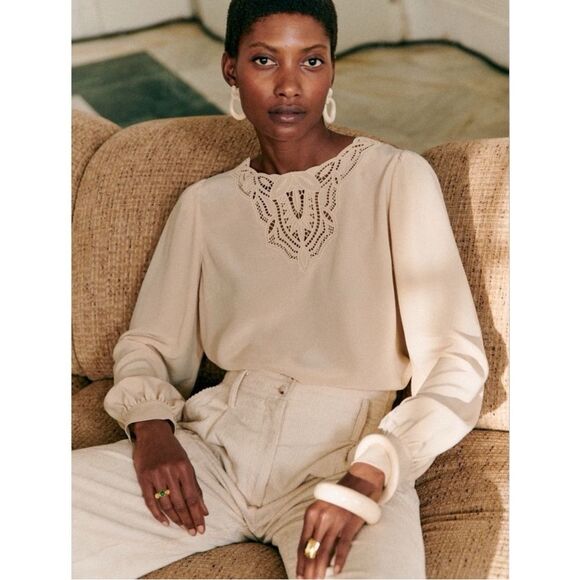 SEZANE Carlotta Blouse Size 34 US 2 NWT Cream Open Lace Longsleeve Top Shirt - Picture 9 of 9